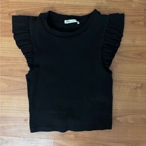 Zara Black Short Sleeve Top with Ruffle Detail